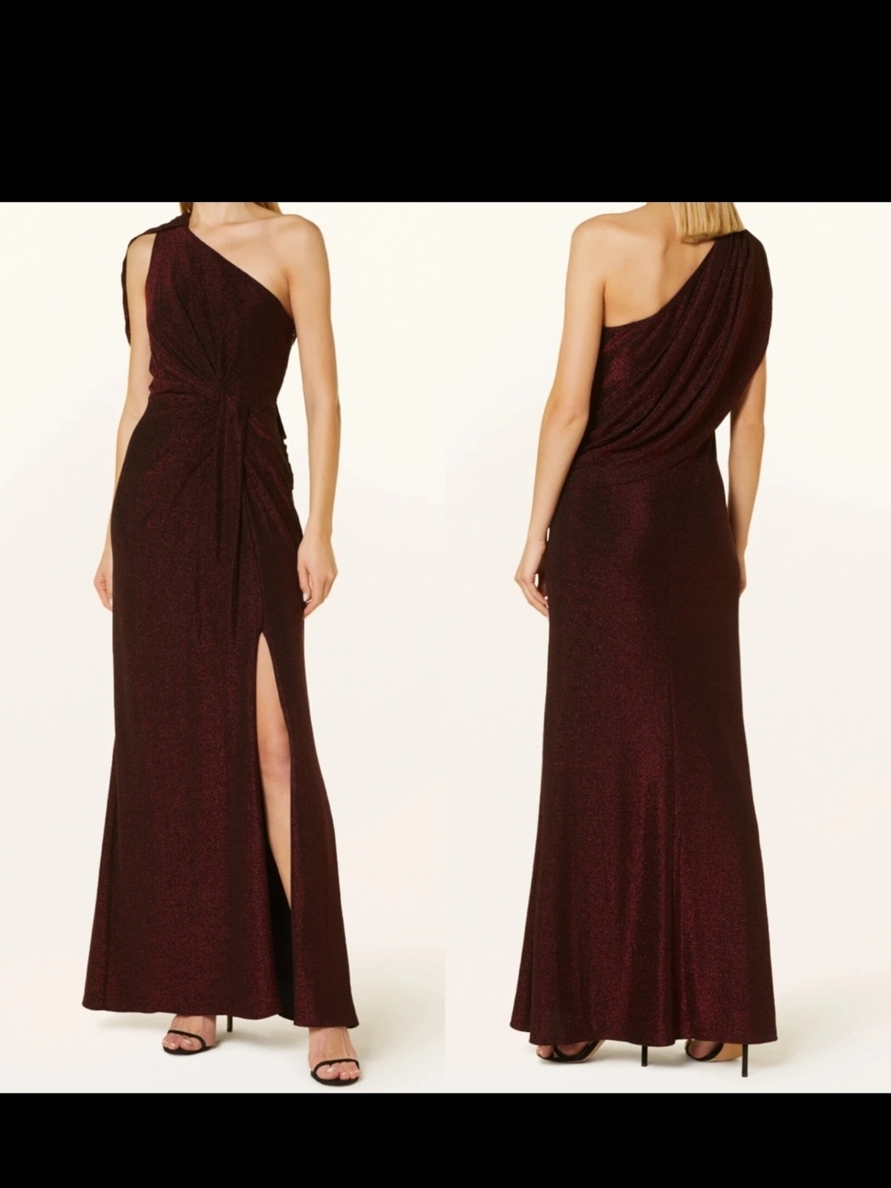 Adrianna Papell Size 6 One-Shoulder Drape Ruby Red Sparkle Gown Dress with Slit